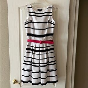 White House Black Market Black and White Striped Dress with Pink Belt